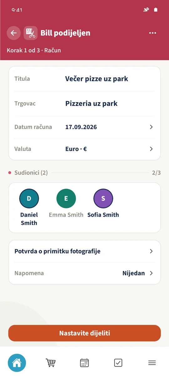 Račun koristi EUR i ima Daniela i Sofiju kao aktivne sudionike.