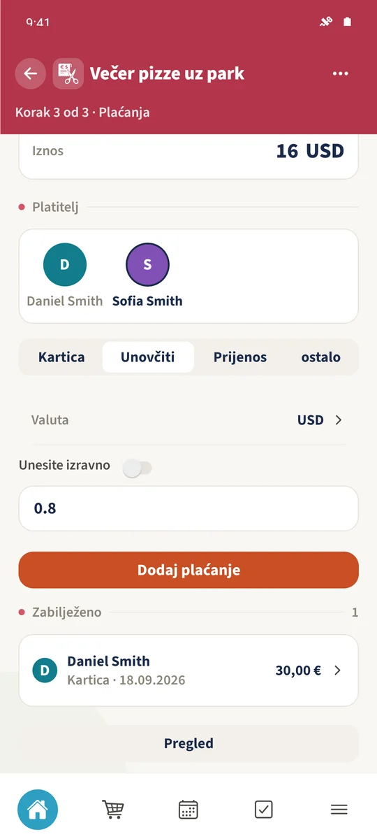 Obrazac plaćanja prikazuje 16 USD od Sofije, „Unovčiti” i ručno uneseni demonstracijski tečaj 0,8.