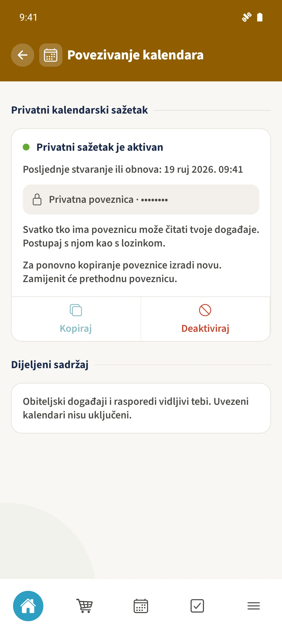 Privatni kalendarski sažetak — Stvori novi link