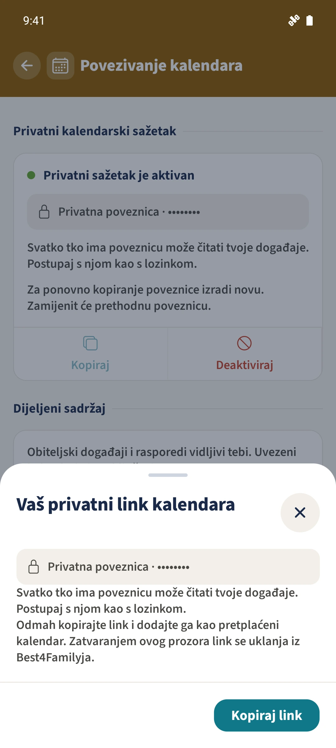 Vaš privatni link kalendara — Kopiraj link