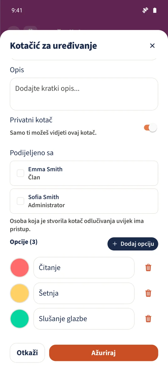 Uređivač prikazuje tri opcije kotača.