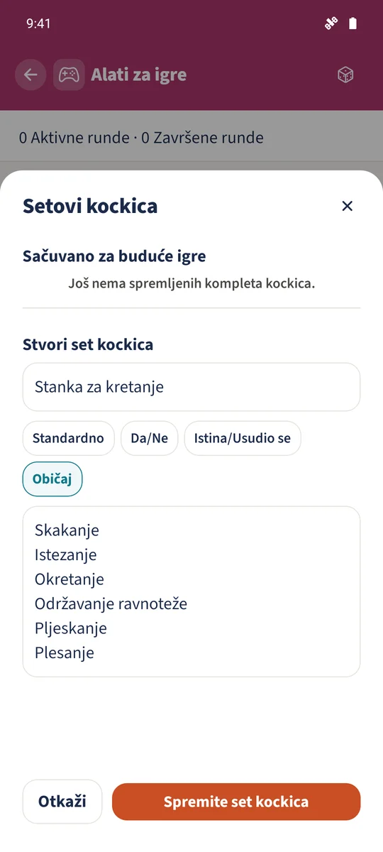 Obrazac prilagođenih kockica sadrži set Stanka za kretanje sa šest strana s aktivnostima na hrvatskom.