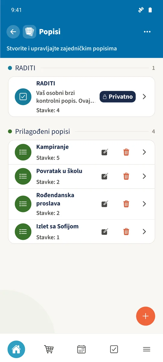 Pregled popisa obitelji Smith prikazuje Kampiranje, Povratak u školu i Rođendanska proslava uz privatni popis „RADITI”.