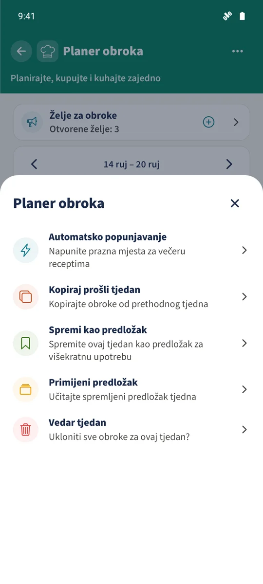 Radnje nude Spremi kao predložak, Primijeni predložak, Kopiraj prošli tjedan i Automatsko popunjavanje.