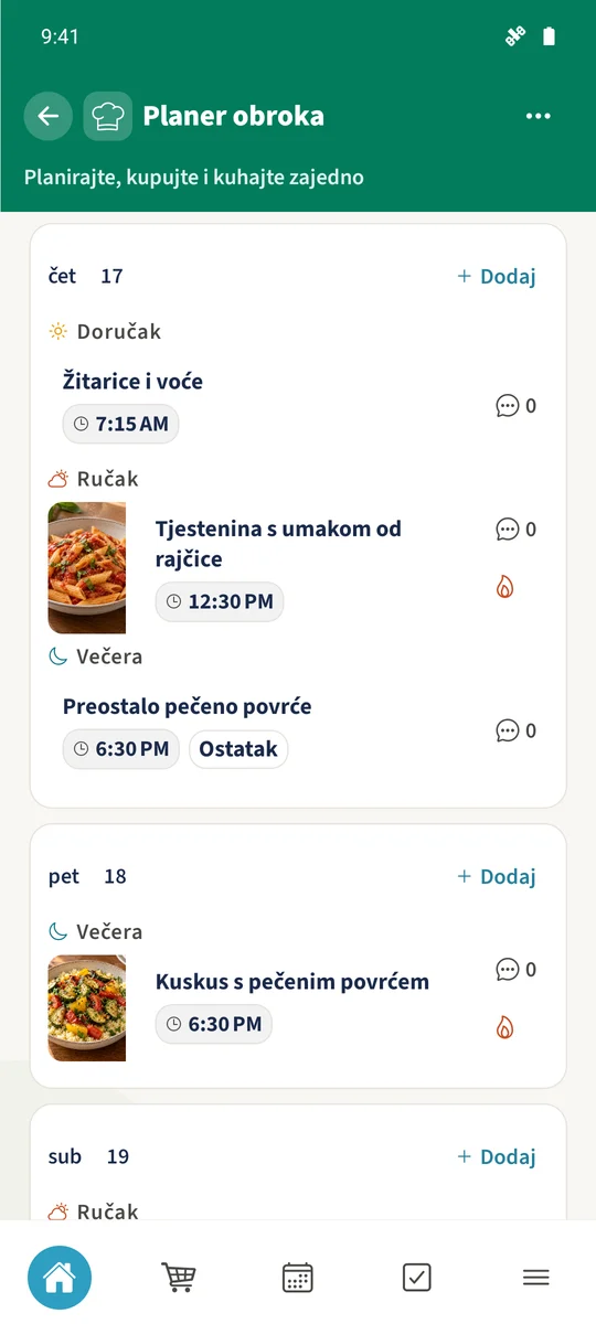 Obiteljski plan obroka prikazuje jela Žitarice i voće, Tjestenina s umakom od rajčice i Preostalo pečeno povrće s oznakom Ostatak, a zatim večeru sljedećeg dana.