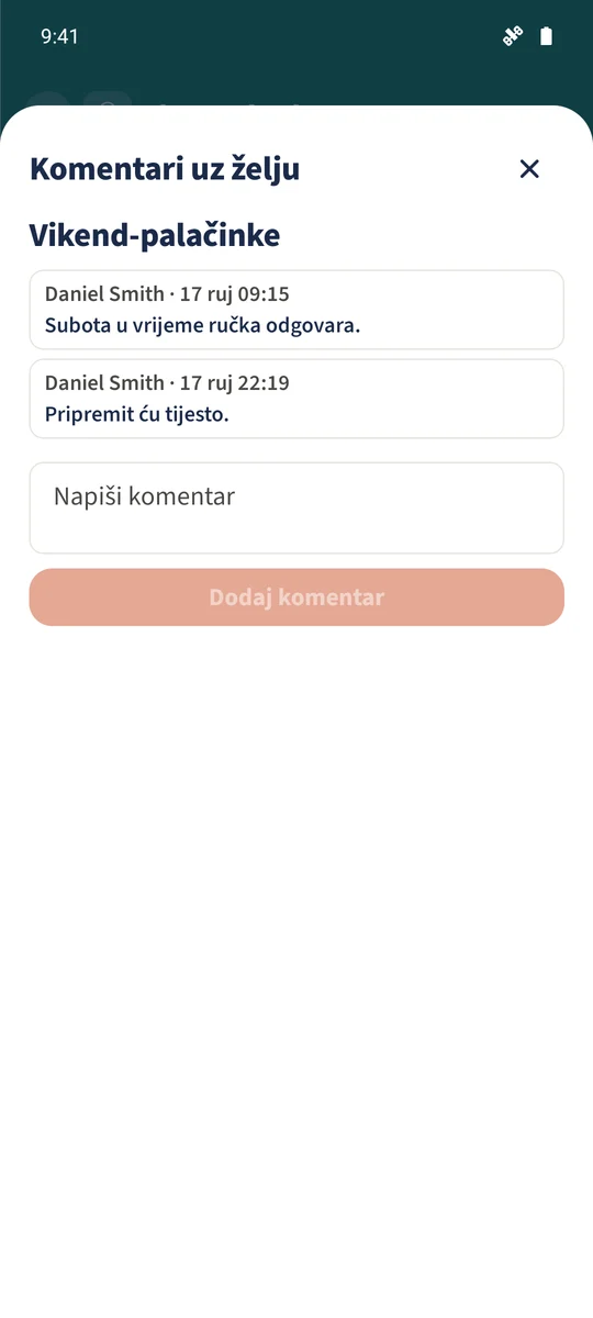 Danielov komentar „Pripremit ću tijesto.” pojavljuje se na želji Vikend-palačinke.
