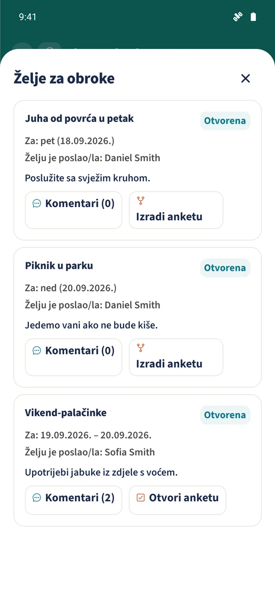 Vikend-palačinke prikazuje dva komentara i Otvori anketu za povezanu obiteljsku anketu.