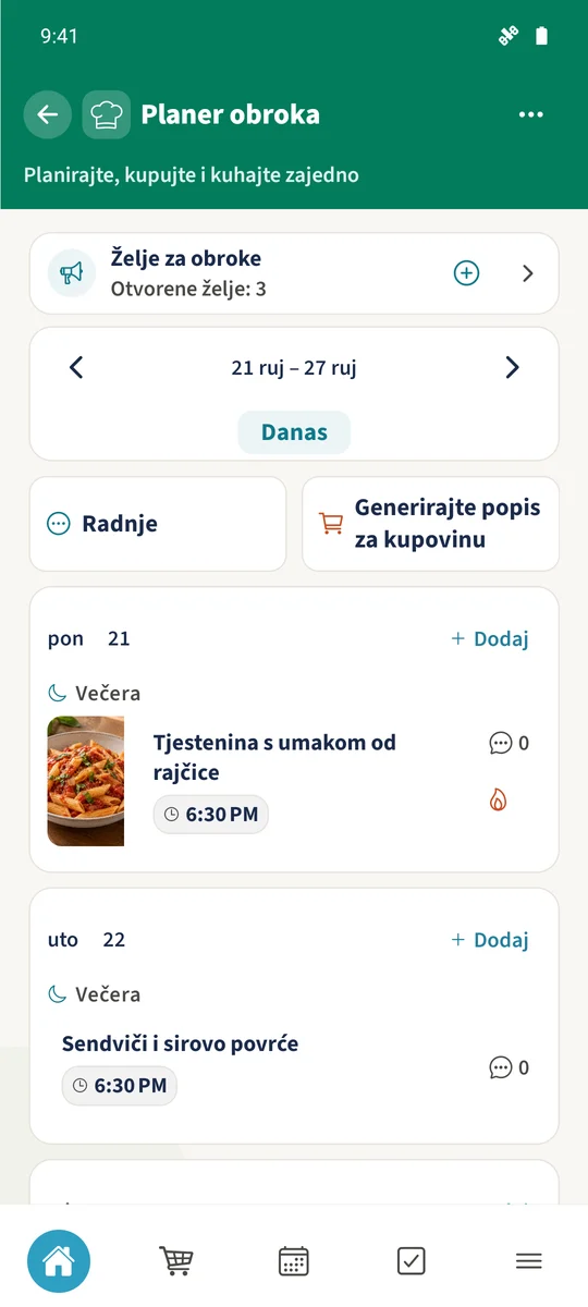 Ciljni tjedan sadrži dodane obroke, uključujući tjesteninu u ponedjeljak i Sendviči i sirovo povrće u utorak.