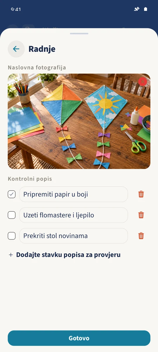 Dodatni izbornik prikazuje odabranu sliku kreativnih aktivnosti i kontrolni popis s jednim dovršenim korakom pripreme.