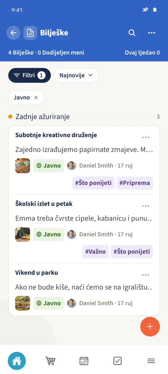 Prikaz Javno pokazuje tri zajedničke bilješke: Školski izlet u petak, Subotnje kreativno druženje i Vikend u parku.