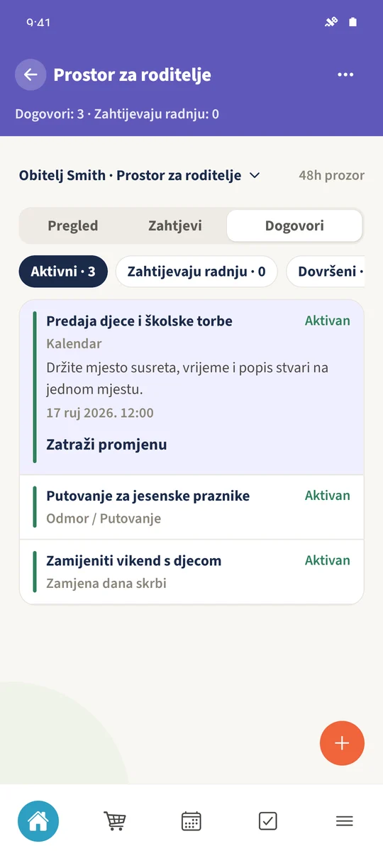 Prihvaćeni dogovor Predaja djece i školske torbe pojavljuje se u aktivnom prikazu.