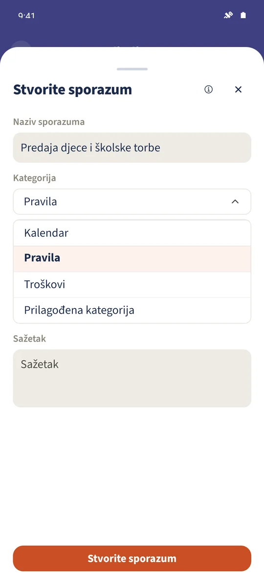 Odabir kategorije dogovora nudi Kalendar i ostale dostupne kategorije.