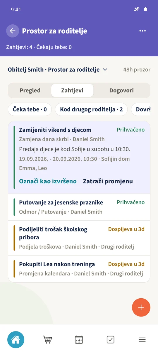 Prihvaćena zamjena dana skrbi prikazuje datume, vrijeme, mjesto susreta i djecu na koju se odnosi.