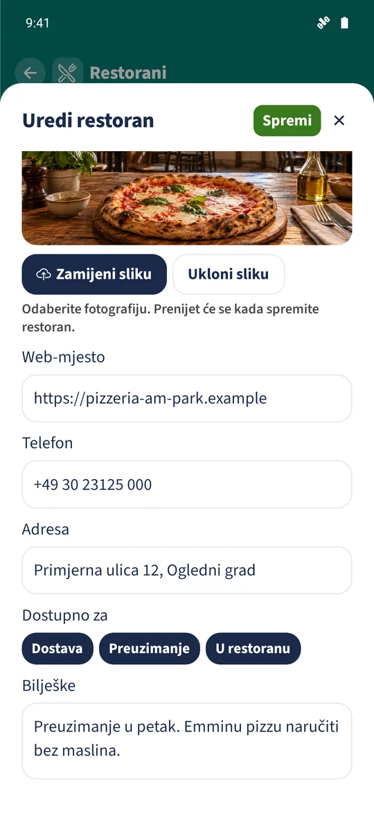 Donji dio obrasca sadrži izmišljene podatke za kontakt, sve tri mogućnosti usluge i obiteljsku bilješku o preuzimanju.