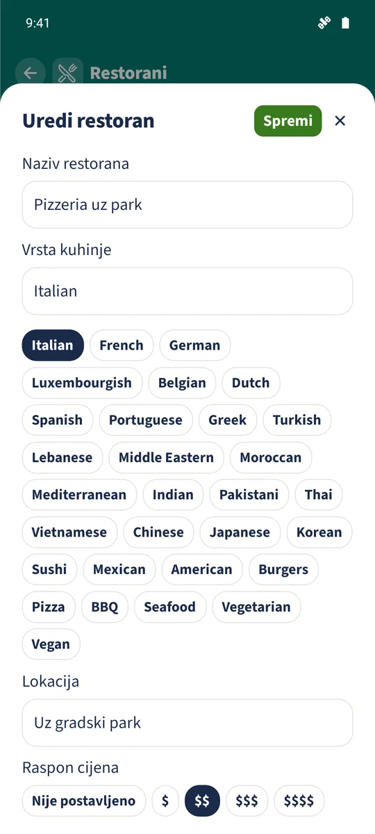 Uređivač prikazuje Parkside Pizzeria i odabranu talijansku kuhinju.