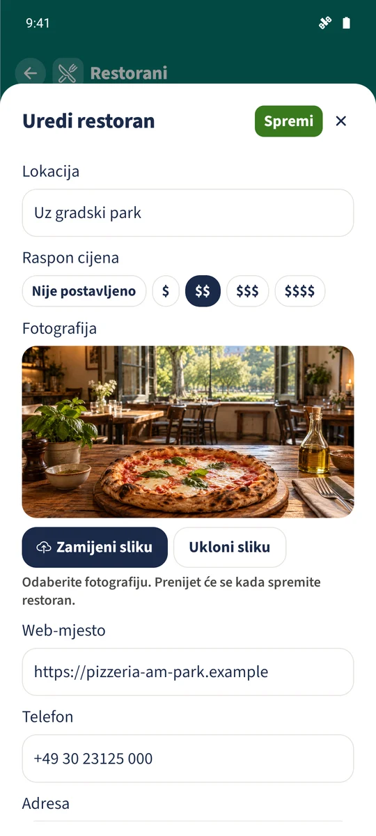 Uređivač restorana Parkside Pizzeria sadrži Uz gradski park i raspon cijena od dva simbola.