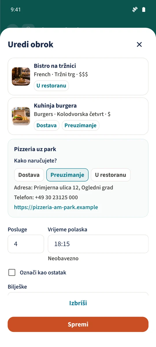 Ponovno otvoreni obrazac obroka prikazuje Parkside Pizzeria, Preuzimanje, četiri porcije i spremljeno vrijeme polaska 18:15.