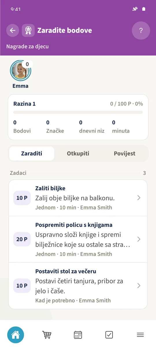 Emmin dječji prikaz pokazuje dodijeljene zadatke s nagradom, uključujući povezani zadatak čišćenja, s dogovorenim bodovima.