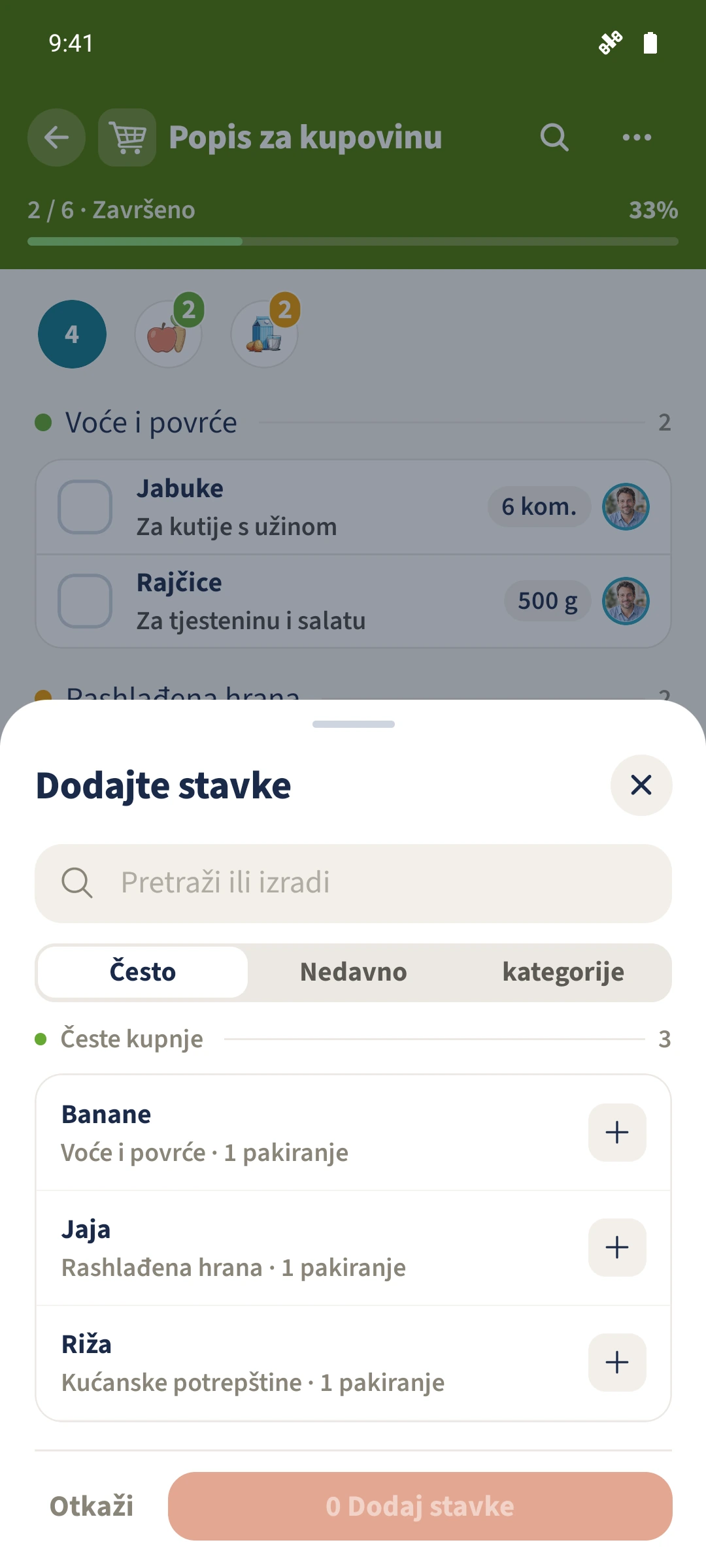Prikaz Često nudi prethodno korištene stavke; broj odabranih stavki isprva je nula.