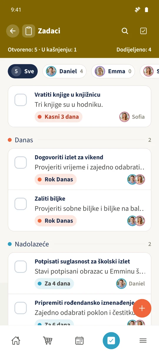 Popis zadataka obitelji Smith prikazuje dodijeljene osobe, skupine prema roku i zadatke poput rođendanskog iznenađenja, vikend-izleta i obrasca za školski izlet.