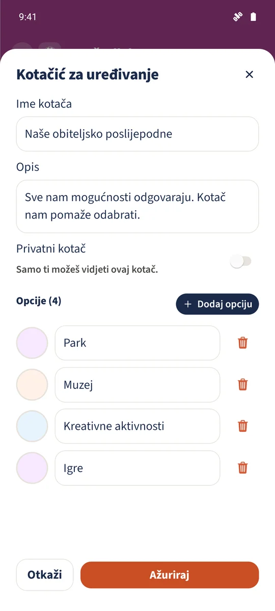 Obrazac sadrži četiri aktivnosti i njihove boje, a Privatni kotač je isključen.