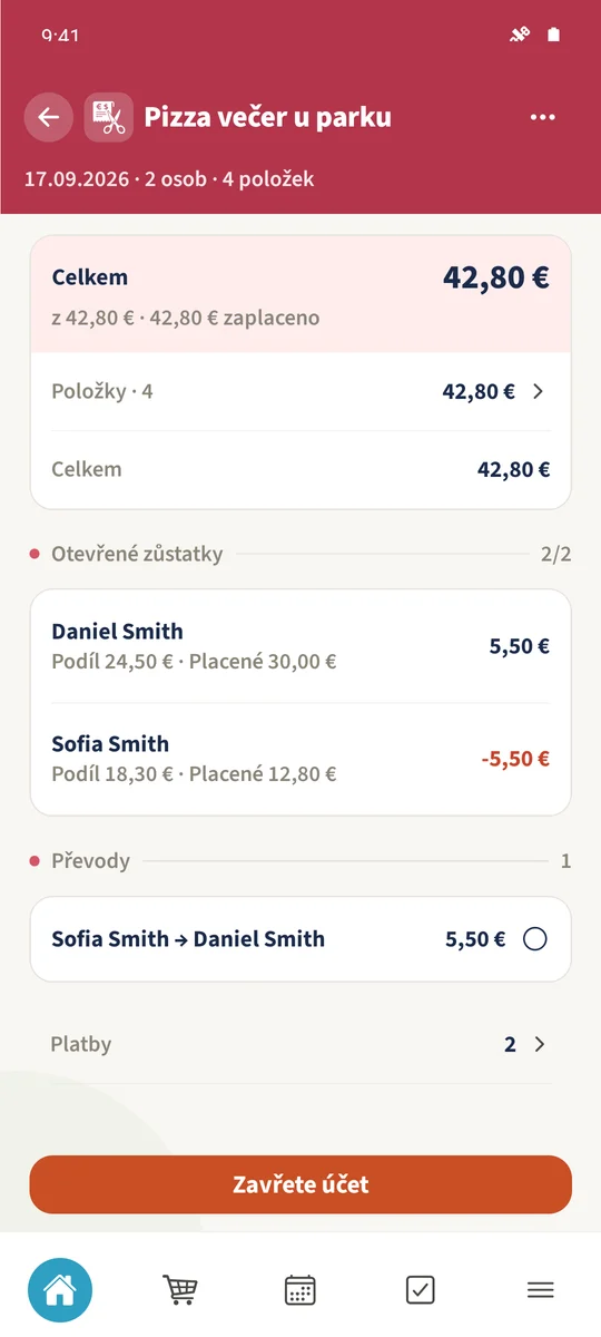 Přezkum ukazuje 42,80 € zaplacených v měně účtu spolu se zbývajícím vrácením peněz mezi osobami.