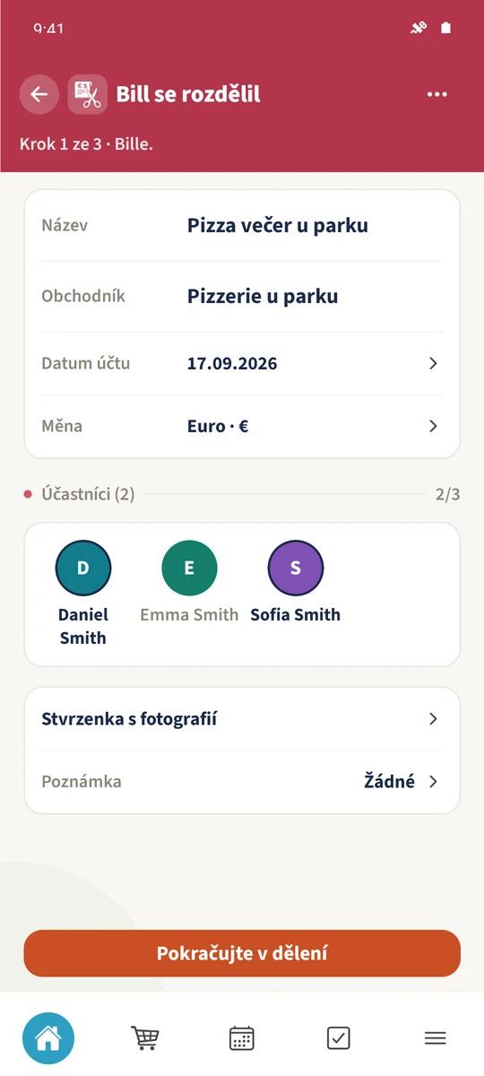 Účet používá EUR a má Daniela a Sofii jako aktivní účastníky.