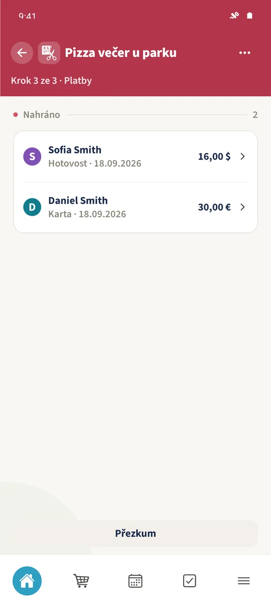 „Nahráno“ obsahuje Sofiinu platbu 16 USD a Danielovu platbu 30 €.