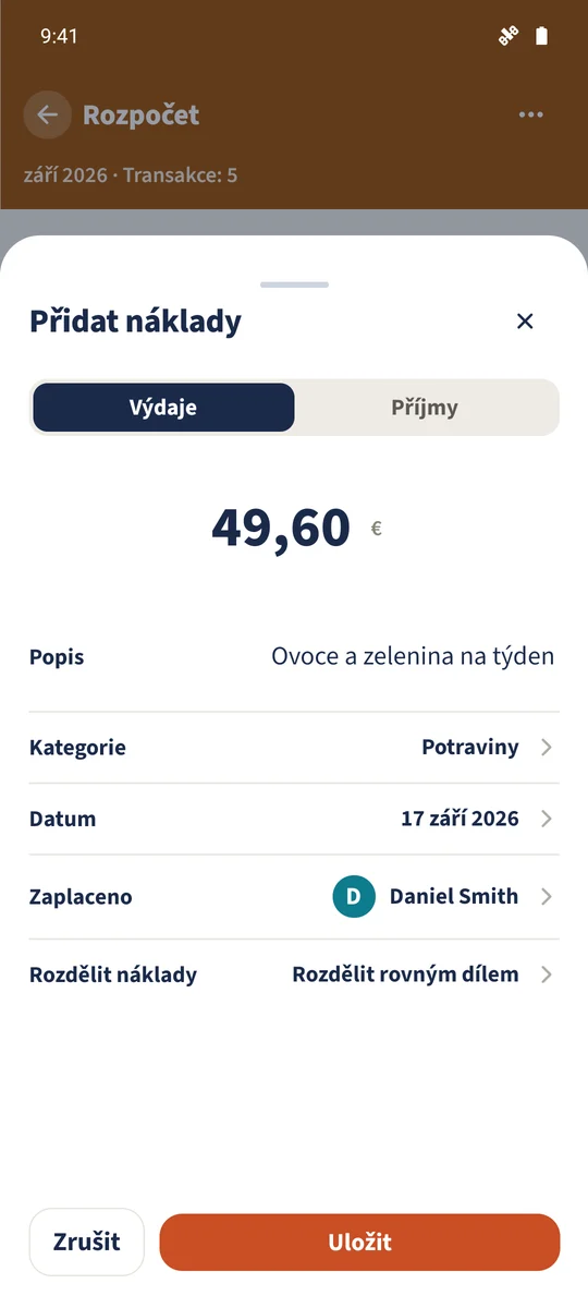„Upravit transakci“ ukazuje existující výdaj 49,60 € s datem, plátcem, kategorií a rozdělením nákladů.