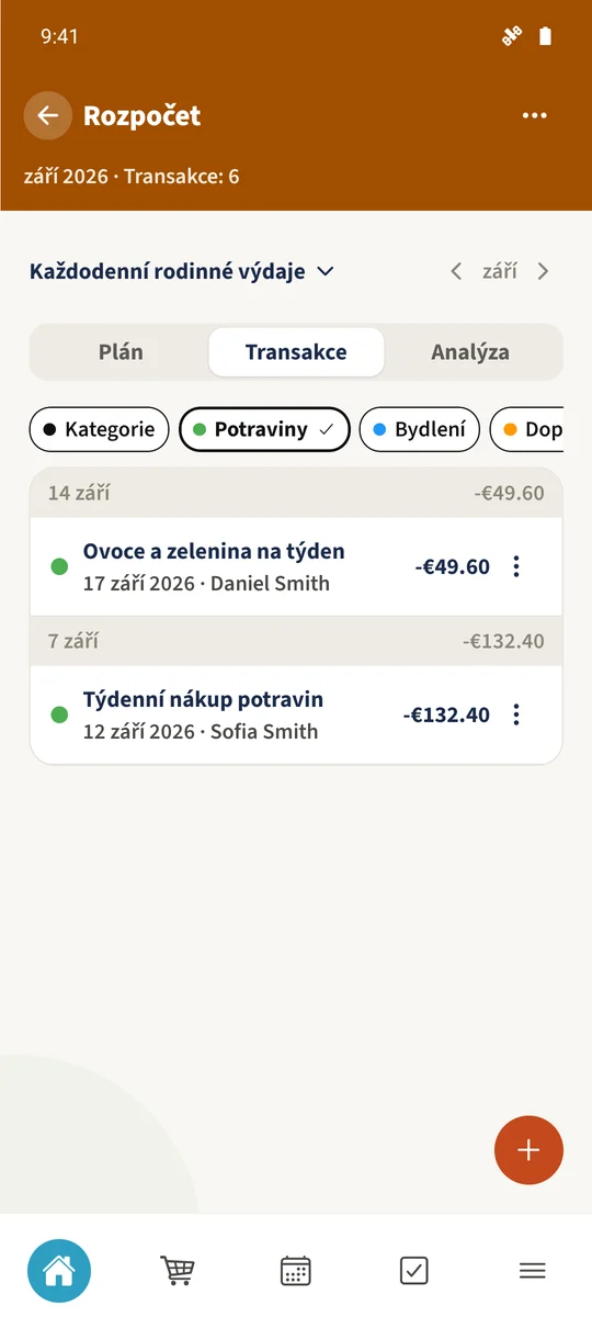 Filtr „Potraviny“ ukazuje „Týdenní nákup potravin“ a „Ovoce a zelenina na týden“ s celkem 182 €.