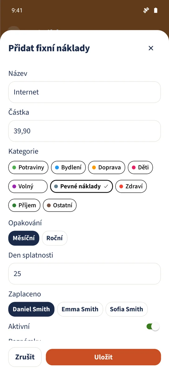 Existující „Internet“ je nastavený na 39,90 € v kategorii „Pravidelné výdaje“ s měsíčním opakováním 25. den.