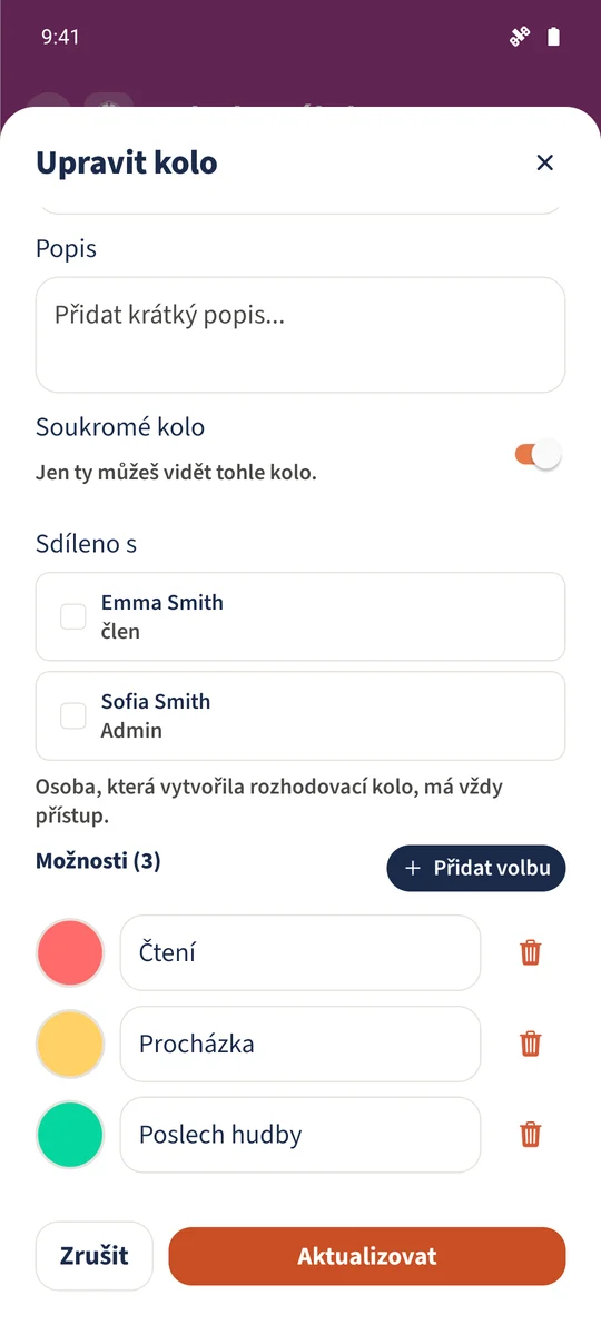 Editor ukazuje tři možnosti kola.