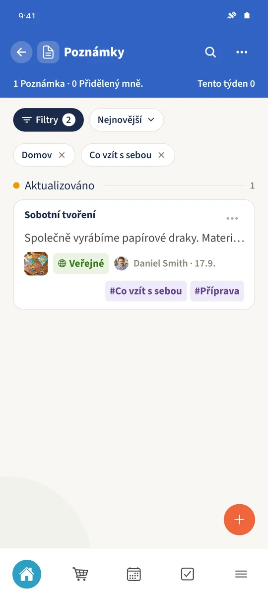 Kombinované filtry zobrazují odpovídající poznámku „Sobotní tvoření“.