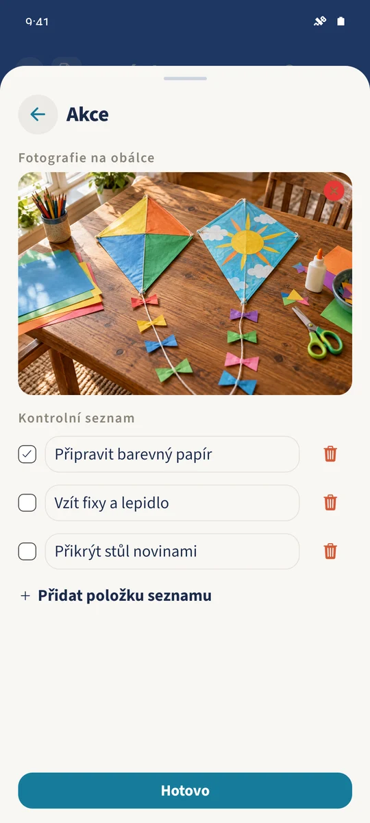 Další nabídka ukazuje vybraný obrázek tvoření a kontrolní seznam s jedním hotovým krokem přípravy.