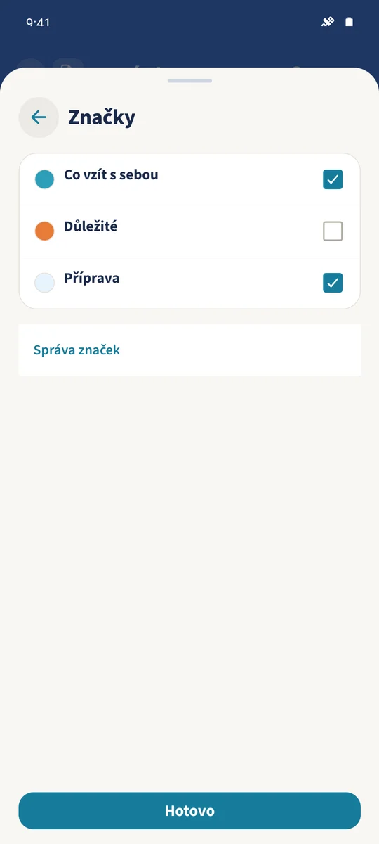 Editor poznámky má vybrané „Co vzít s sebou“ a nově vytvořený štítek „Příprava“.