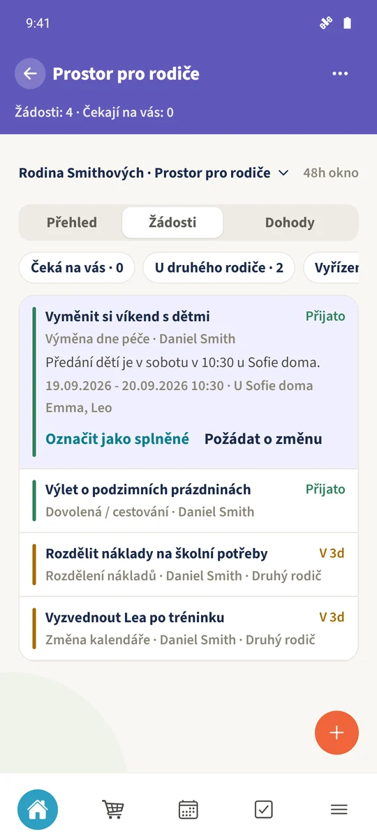Přijatá výměna péče ukazuje data, čas, místo setkání a dotčené děti.