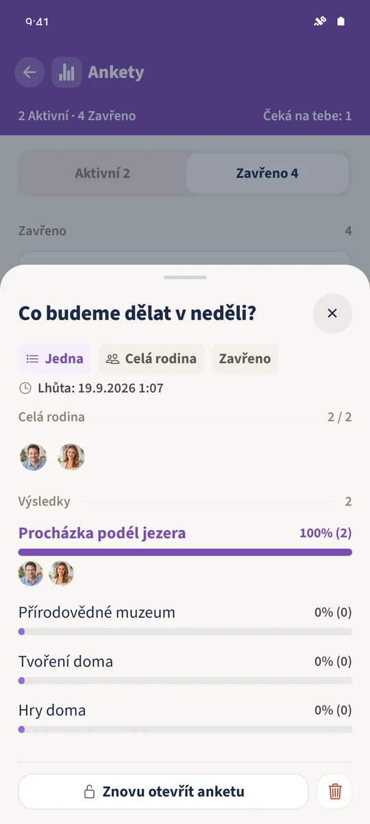 Zavřená nedělní anketa uchovává oba hlasy a nabízí „Znovu otevřít anketu“.