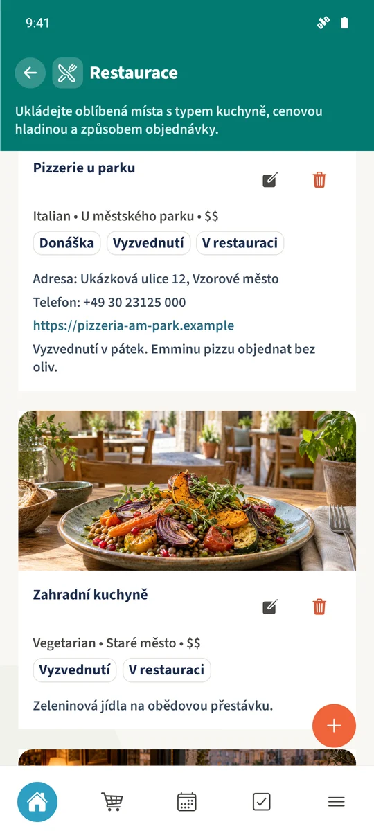 Uložená karta pizzerie ukazuje podrobnosti včetně kontaktů a rodinné poznámky.