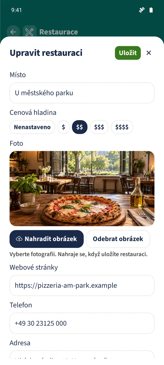 Editor „Pizzerie u parku“ obsahuje „U městského parku“ a cenovou hladinu se dvěma symboly.