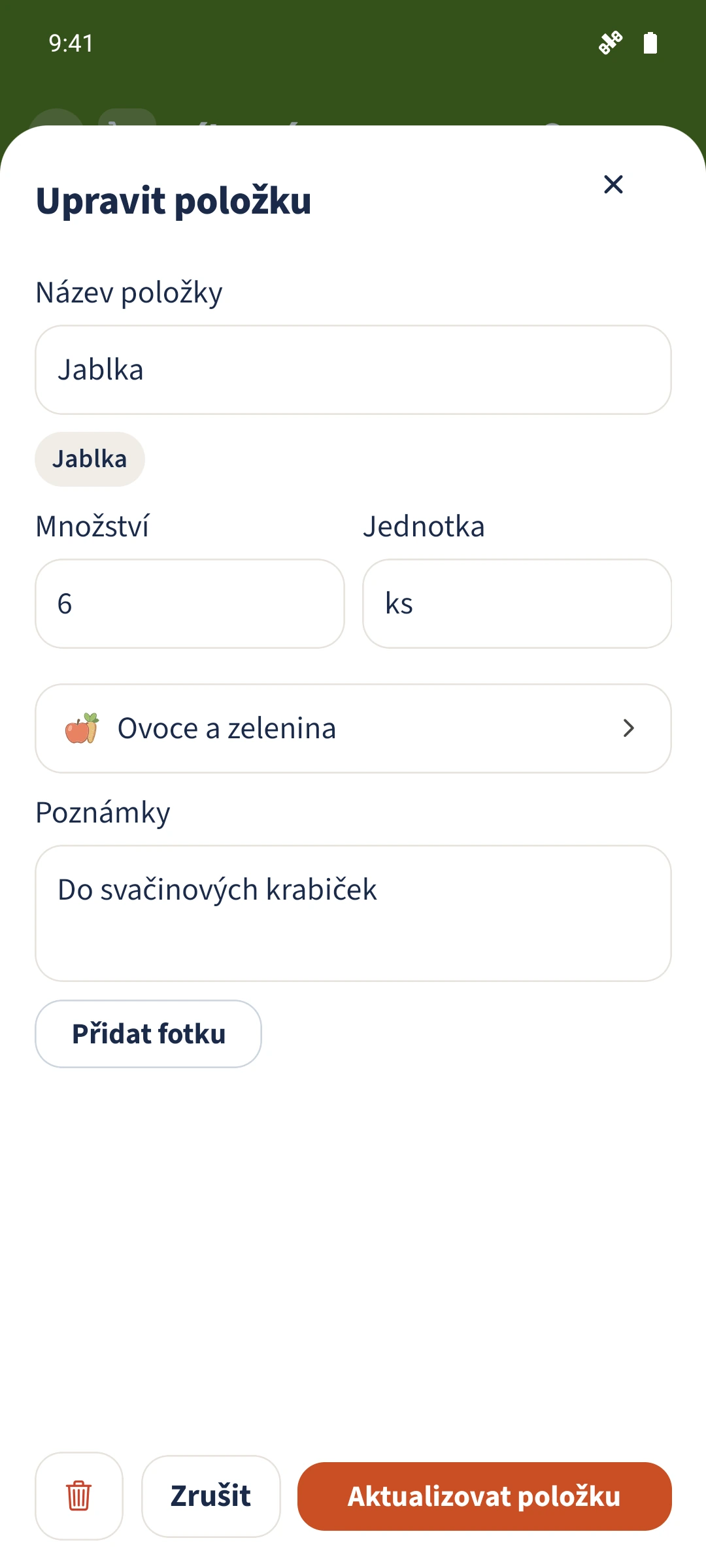Editor položky ukazuje kategorii spolu s množstvím, jednotkou a poznámkami.