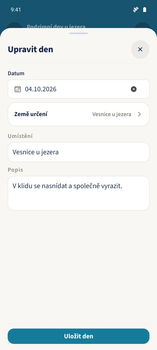 Úprava dne znovu otevírá existující den odjezdu 4. října s místem a popisem.