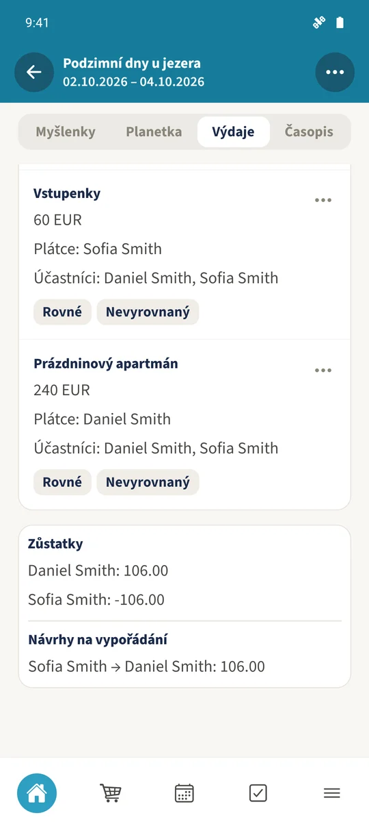 Po uložení zbývá vyrovnat 106 EUR od Sofie Danielovi.