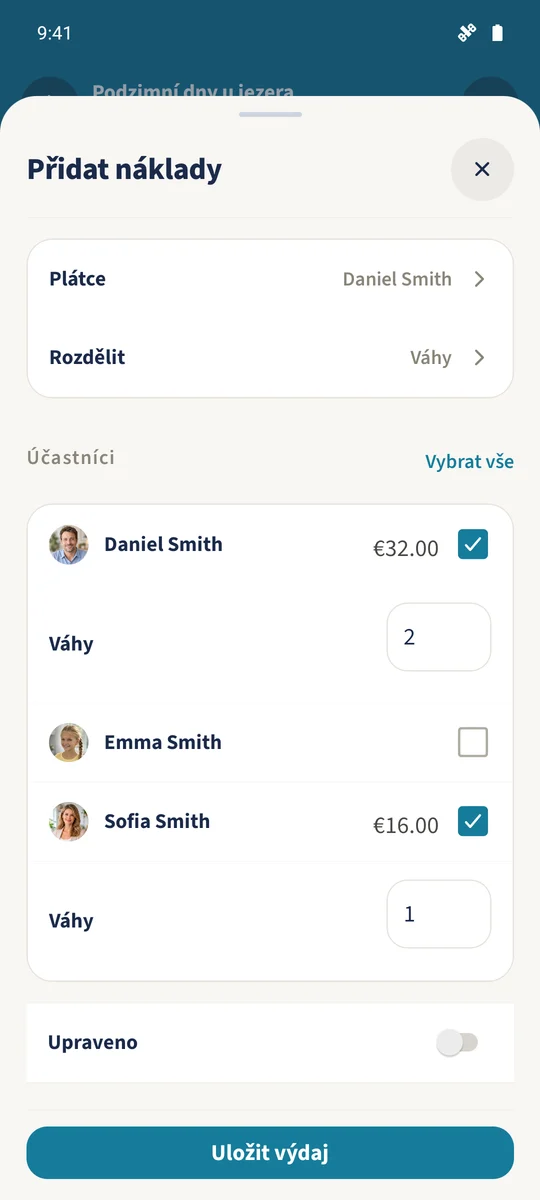 Při vahách 2 a 1 nese Daniel náklady na večeři 32 EUR a Sofia 16 EUR.