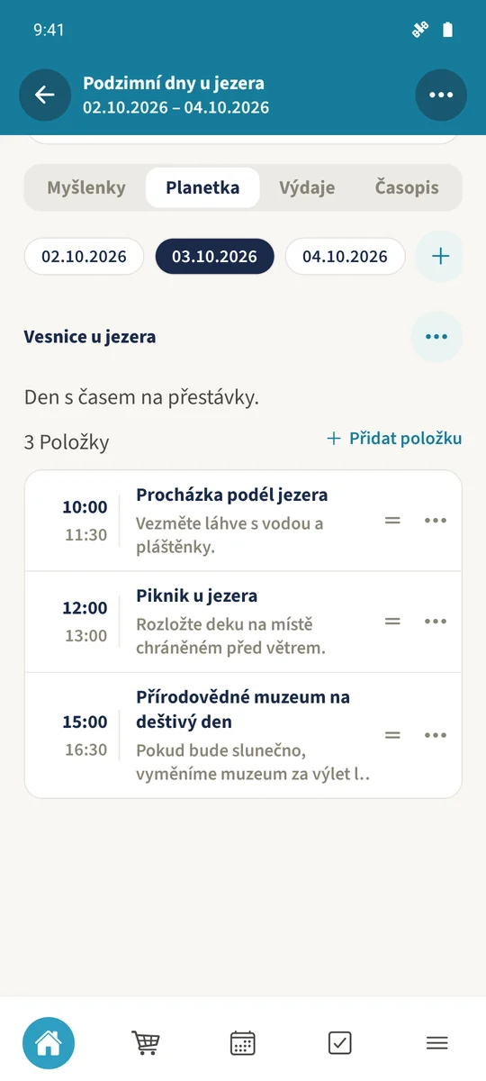 Uložený plán 3. října ukazuje procházku, piknik a přírodovědné muzeum ve zvoleném pořadí.