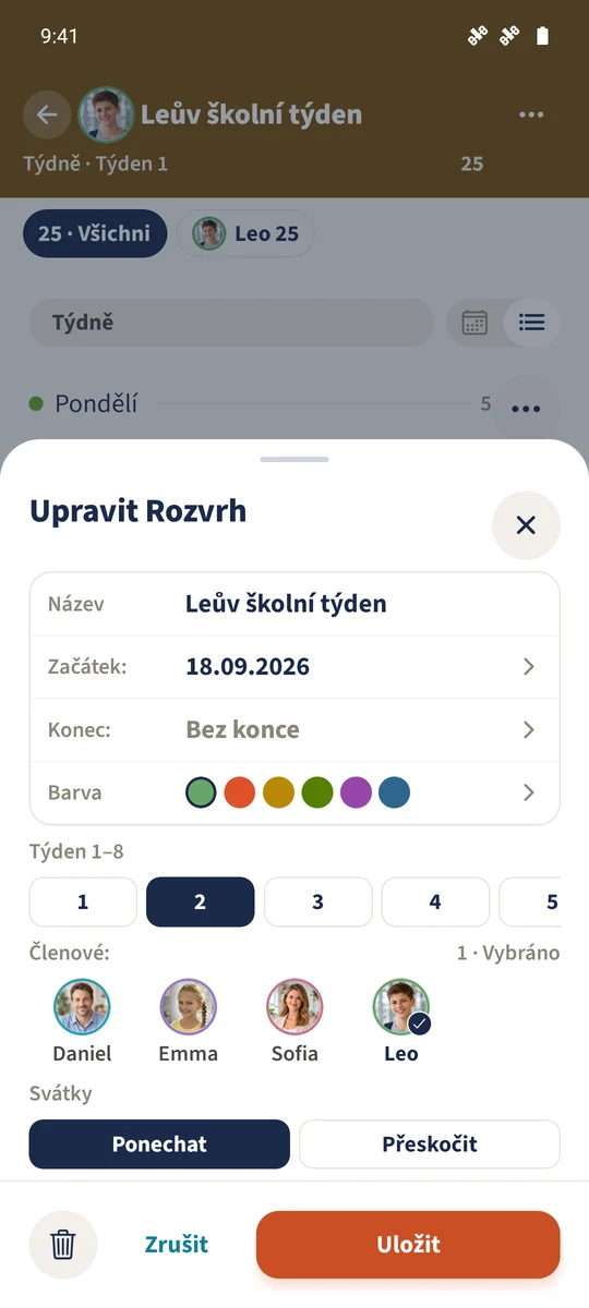 Editor rozvrhu má vybranou délku cyklu 2.