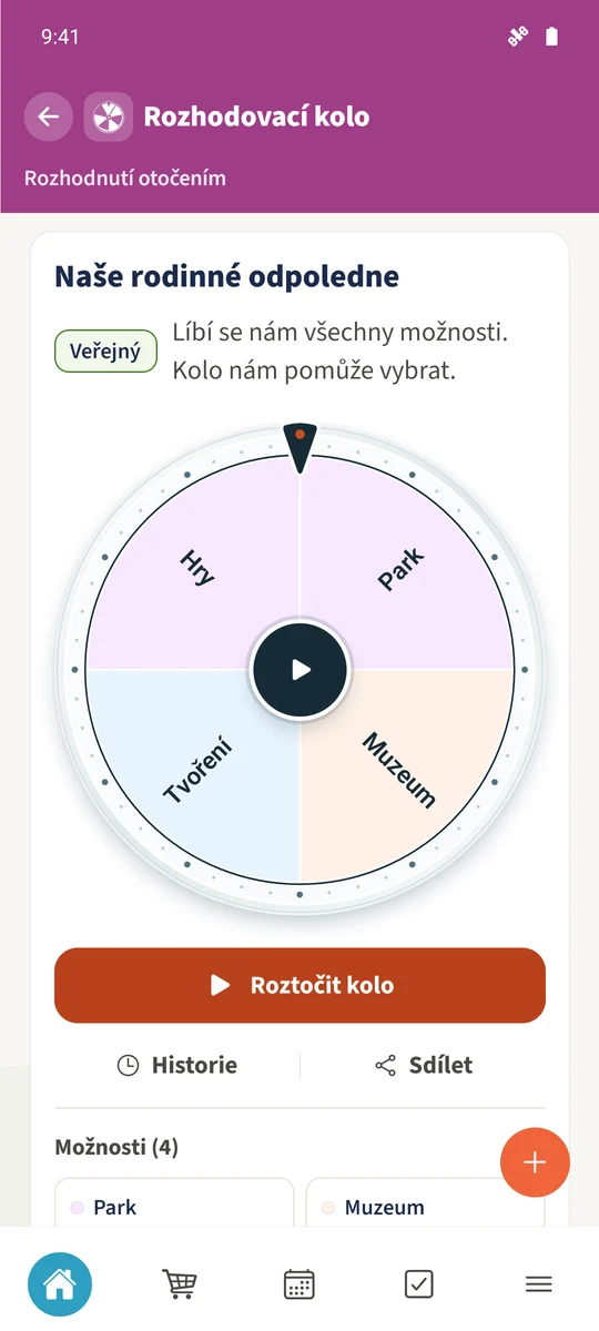 Uložené rodinné kolo má čtyři možnosti a je připravené k roztočení.