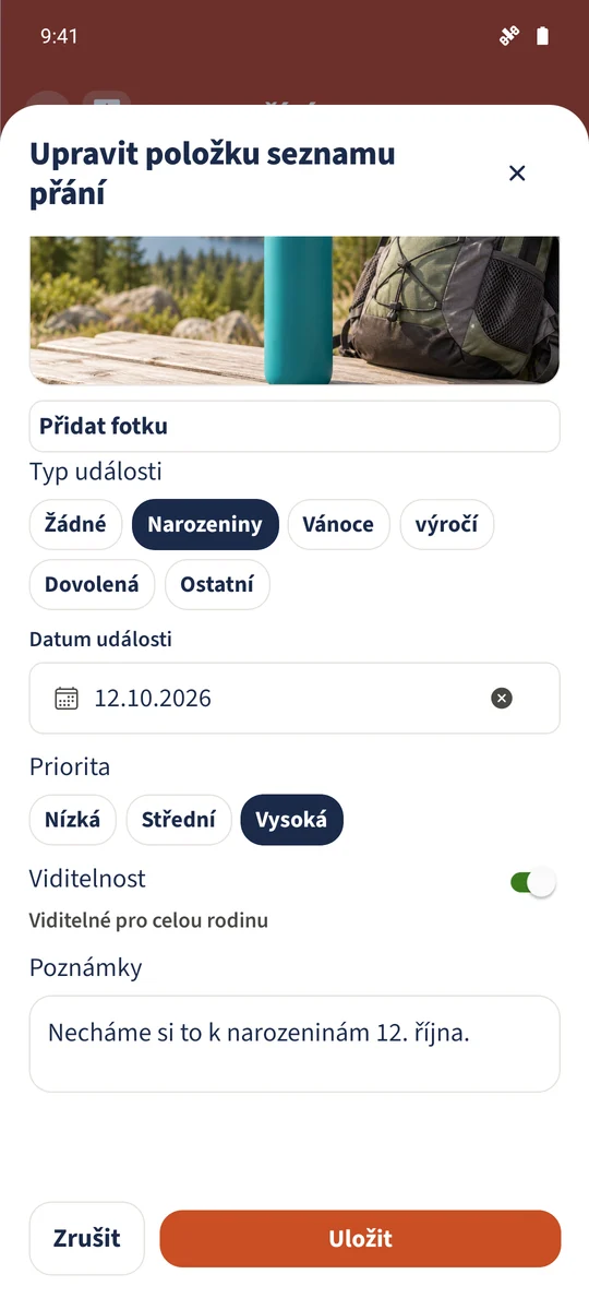 Formulář ukazuje narozeniny, 12. října 2026, vysokou prioritu a narozeninovou poznámku.