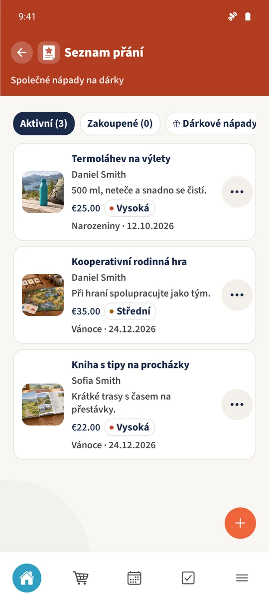 Společný přehled ukazuje tři aktivní přání patřící Danielovi s cenami, prioritami a příležitostmi.