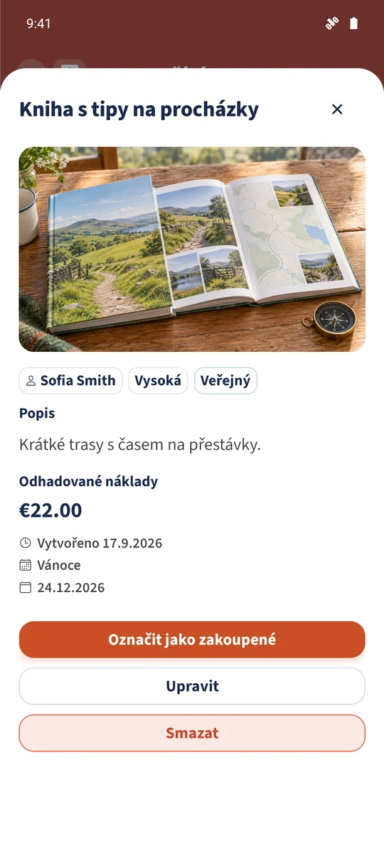 Daniel otevírá Sofiino aktivní přání knihy s dostupným „Označit jako zakoupené“.