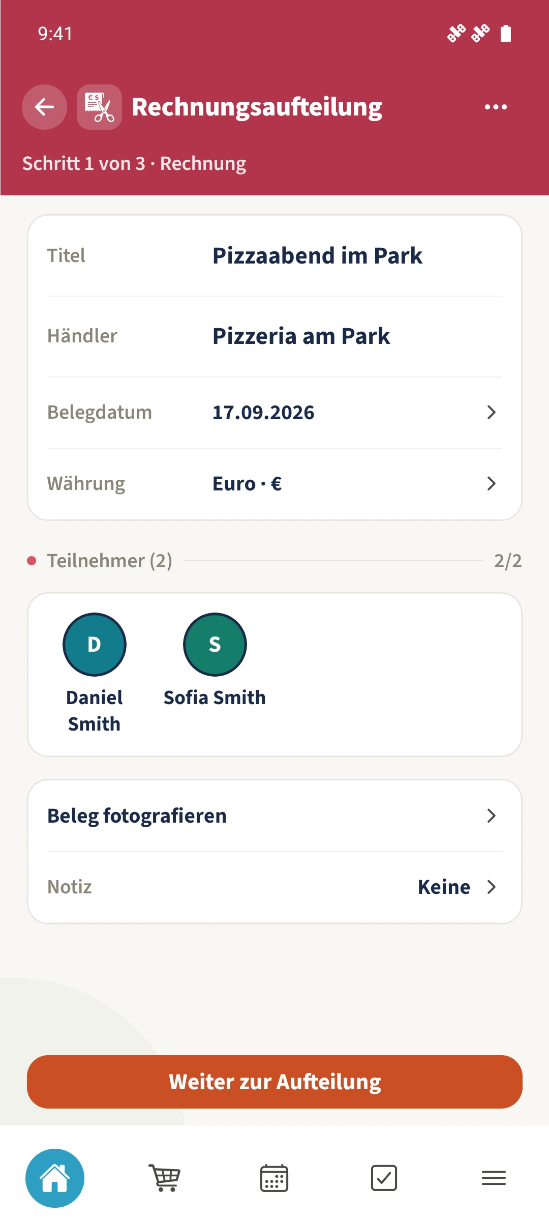 Die Rechnung verwendet Euro als Basiswährung und enthält Daniel und Sofia als aktive Teilnehmer.